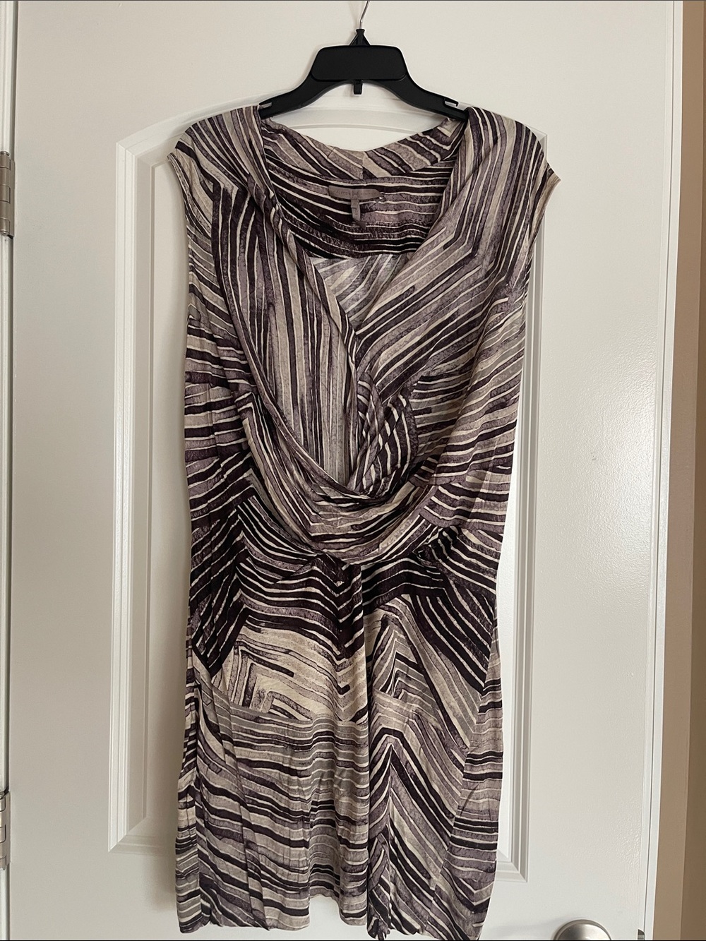 Halston Heritage Black and Cream Striped Cowl Neck Dress